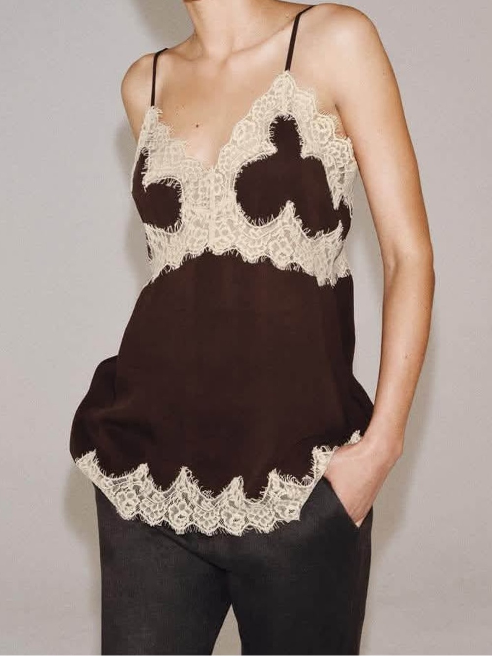 ZARA Lace-Trim Silk Cami Top - Brown & Cream
